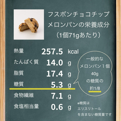 フスボン チョコチップメロンパン 糖質5.3g ロカボダイエットのお供に欠かせない菓子パン フスボン 